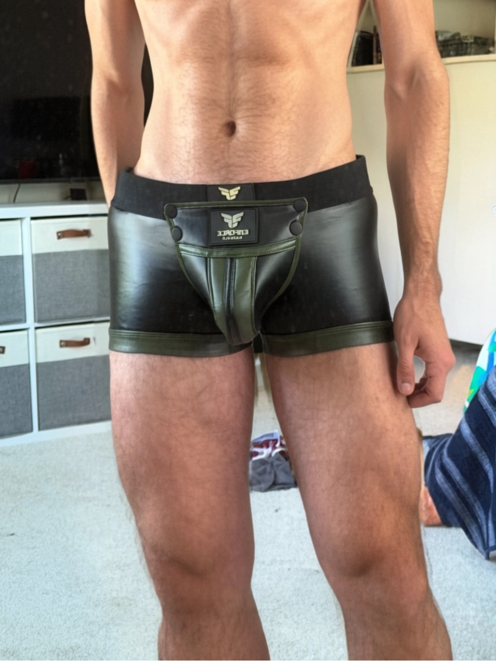 Men's Maskulo Black & Olive Faux-Leather Boxer Jock XXL